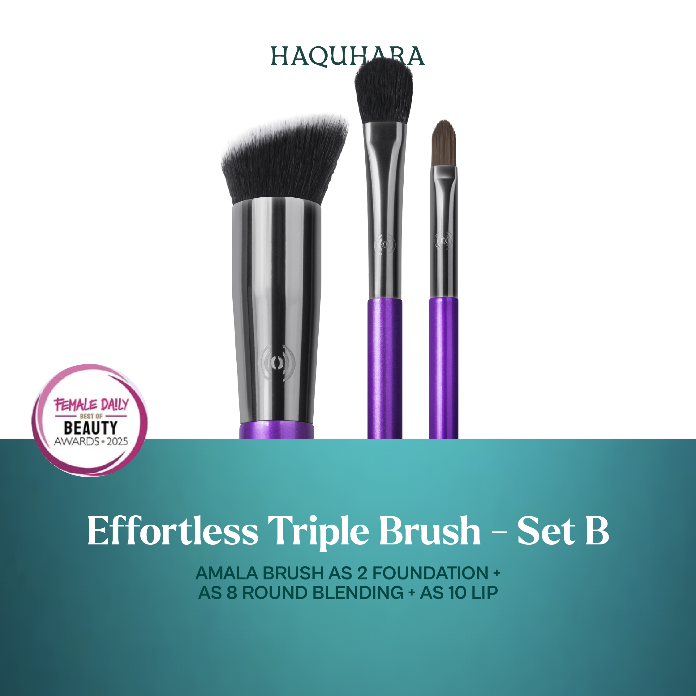 [BUNDLE 3PC] Haquhara Effortless Triple Set Brush - Amala Powder Brush AS1 + Amala Tapered Blend AS7 + Amala Angled Brow AS12 / Amala Angled Foundation AS2 + Amala Round Blending AS8 + Amala Lip Brush AS10