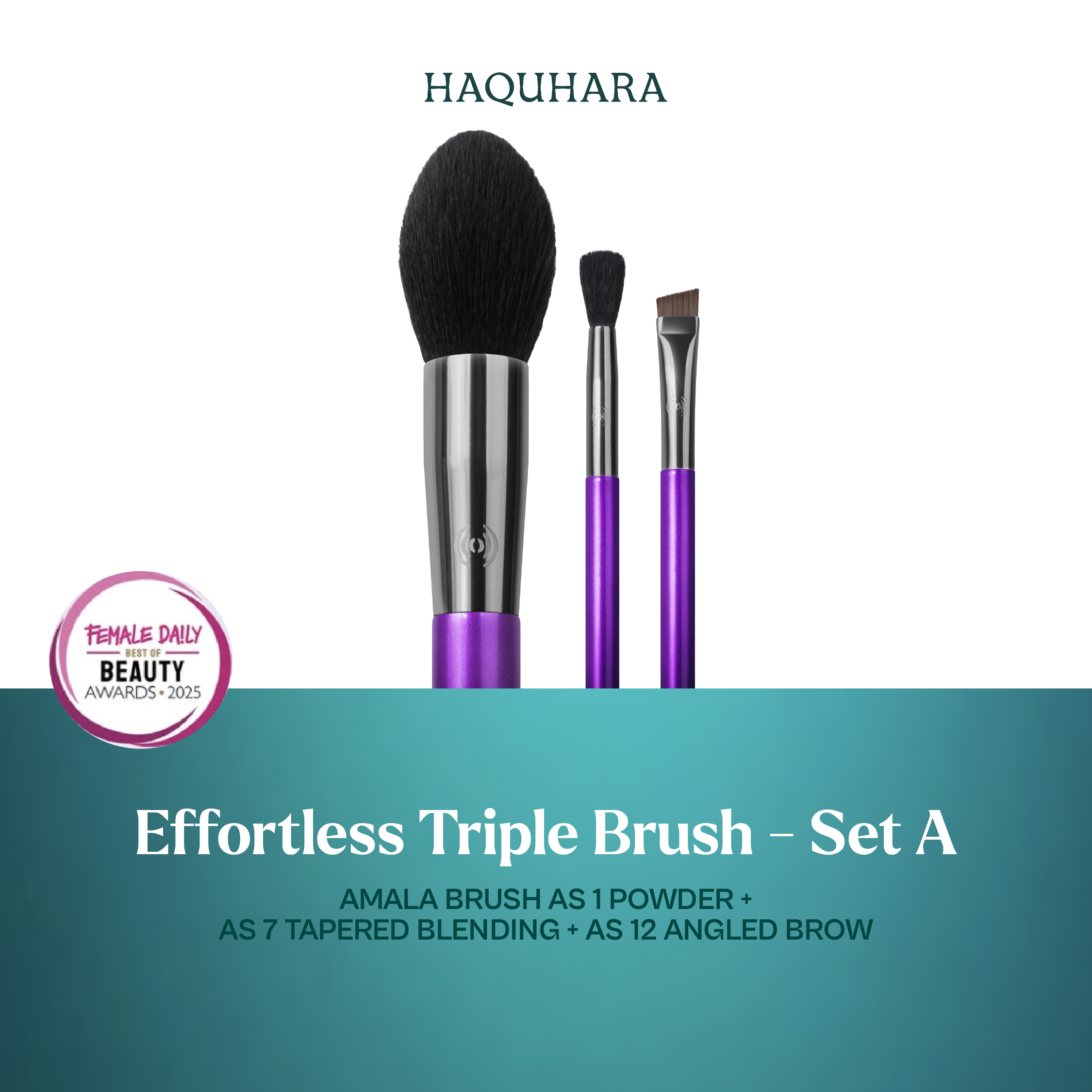 [BUNDLE 3PC] Haquhara Effortless Triple Set Brush - Amala Powder Brush AS1 + Amala Tapered Blend AS7 + Amala Angled Brow AS12 / Amala Angled Foundation AS2 + Amala Round Blending AS8 + Amala Lip Brush AS10